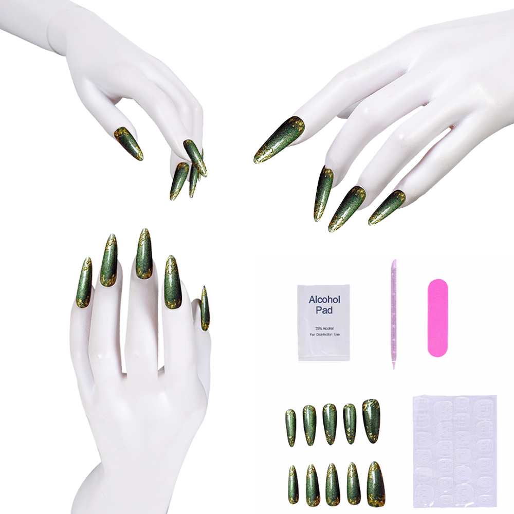반짝이는 금색 악센트가 있는 녹색 프레스온 네일 가짜  - Nail Art Press On 리뷰 및 가격