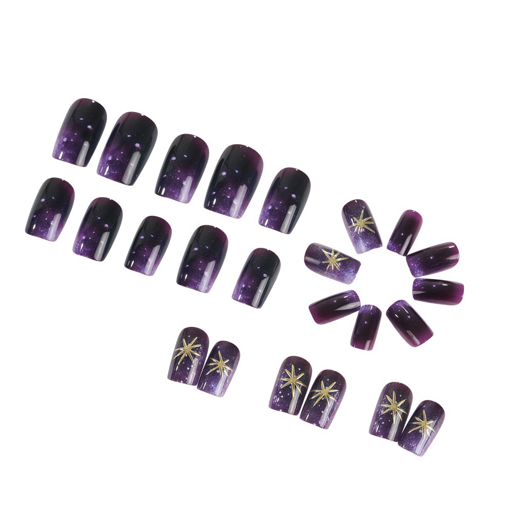 짧은 중간 길이의 페이크 네일, 그라데이션 퍼플 블루  - Nail Art Press On 리뷰 및 가격